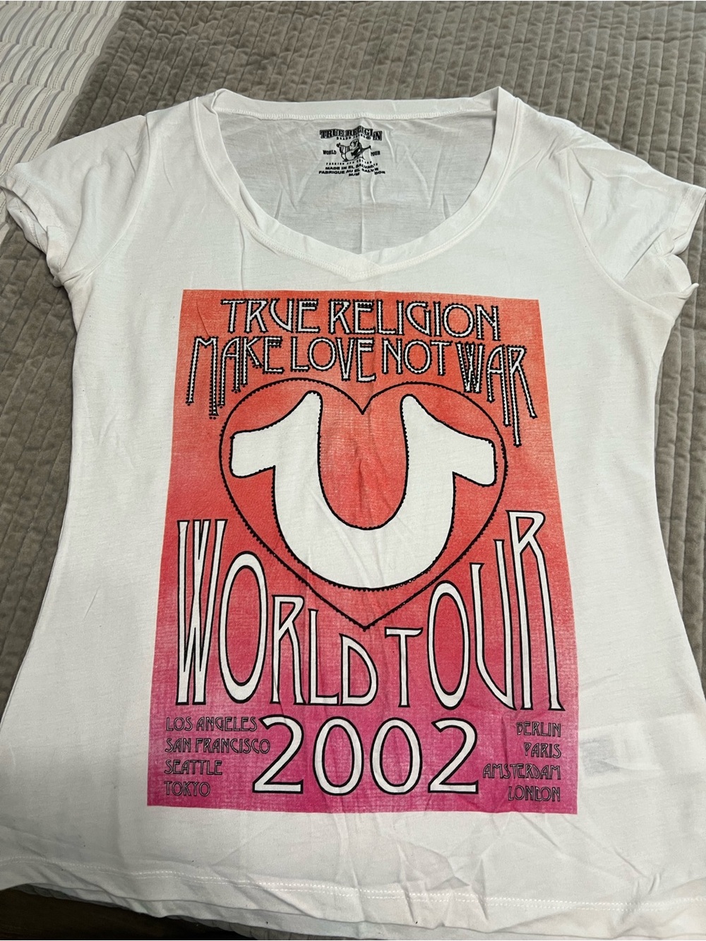 True Religion White Tee with Pink-to-Coral Gradient Graphic
